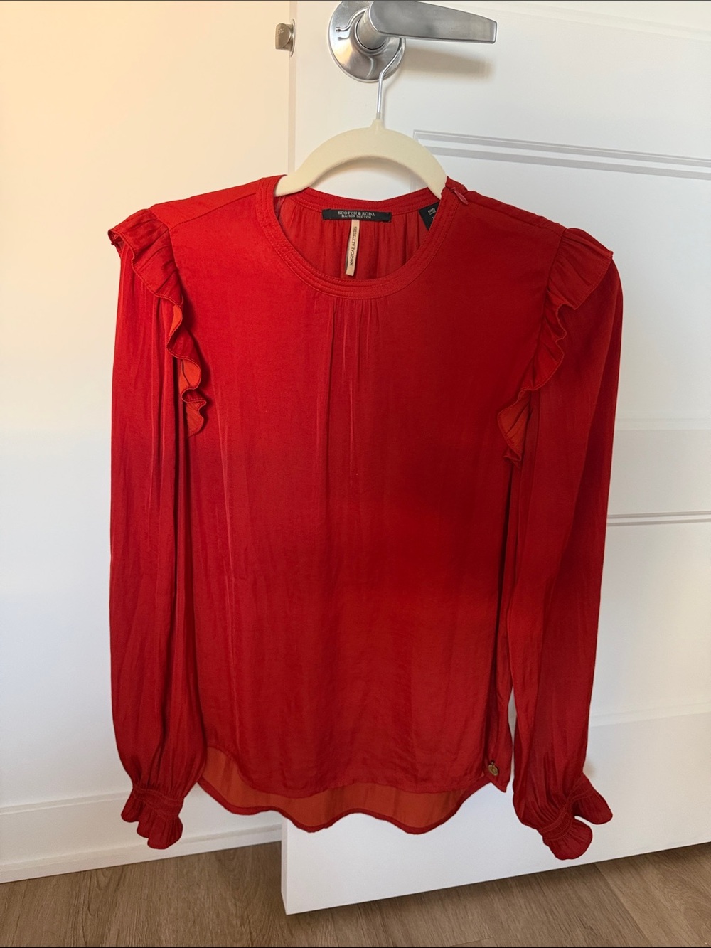 Red Ruffle-Trim Long Sleeve Women's Top